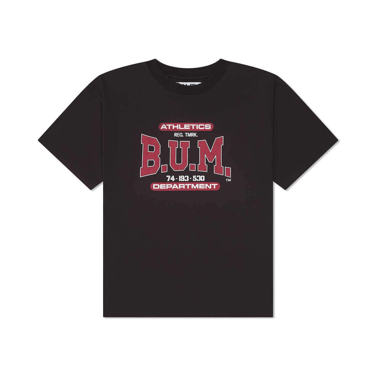 B.U.M. Equipment black T-shirt, front, with the small red B.U.M. Equipment chest print