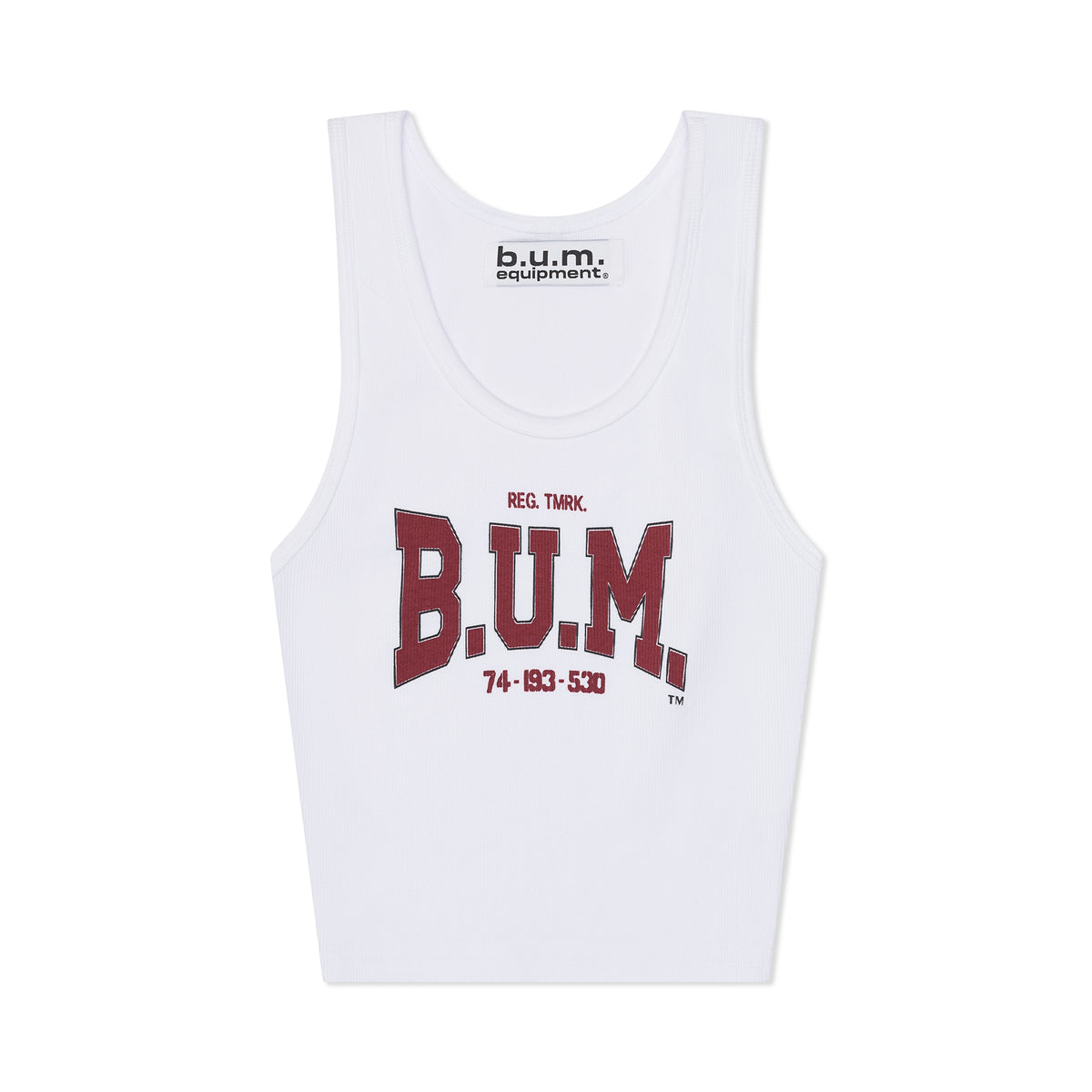 Womens B.U.M. Equipment cropped tank in white, front, with the red B.U.M. print