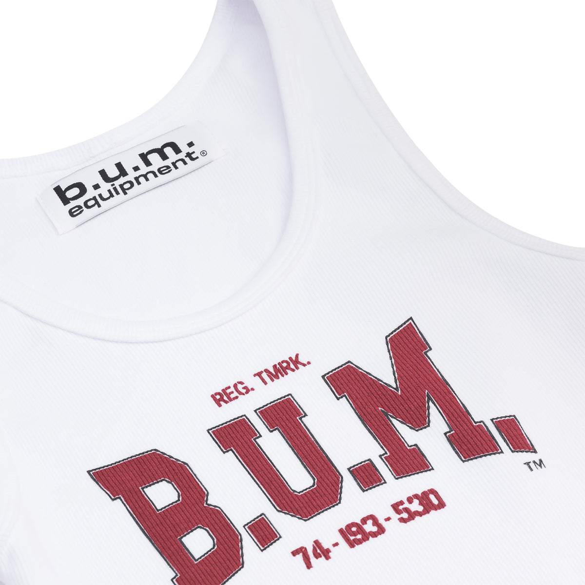 Back of the womens B.U.M. Equipment cropped tank in white, with the large red B.U.M. print