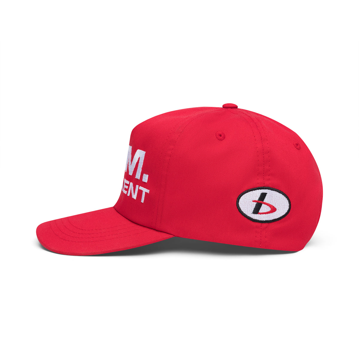 Red B.U.M. Equipment snapback cap seen from the side, showing the snap closure