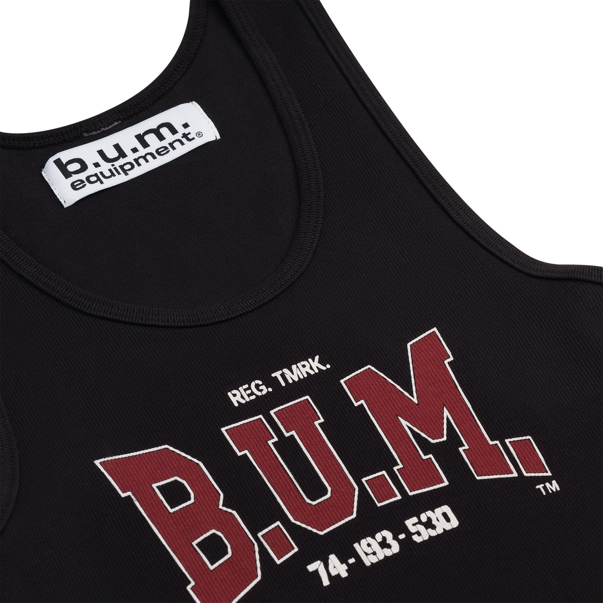 Back of the womens B.U.M. Equipment cropped tank in black, with the large red B.U.M. print