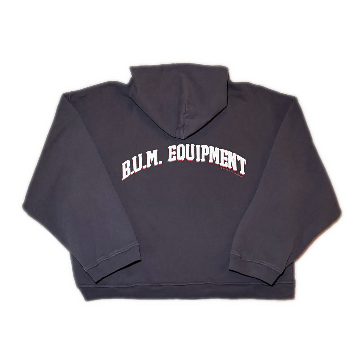 Back of the B.U.M. Zip-Up Hoodie in washed charcoal, with arched B.U.M. EQUIPMENT printed across the shoulders