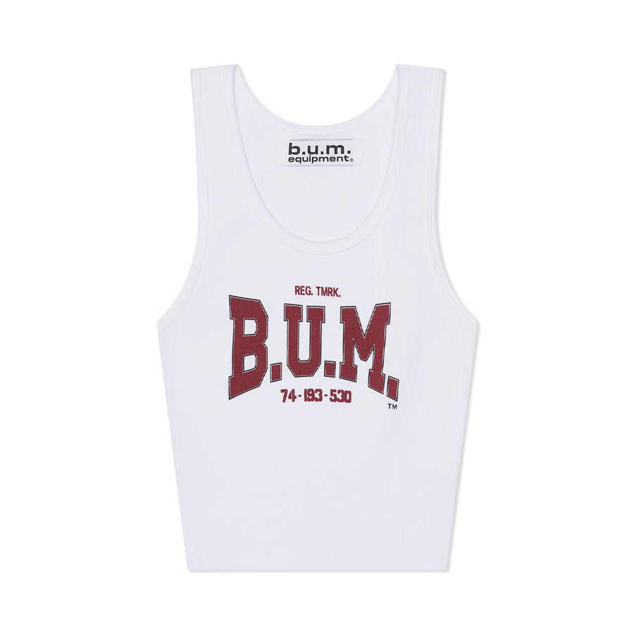 Womens B.U.M. Equipment cropped tank in white, front, with the red B.U.M. print