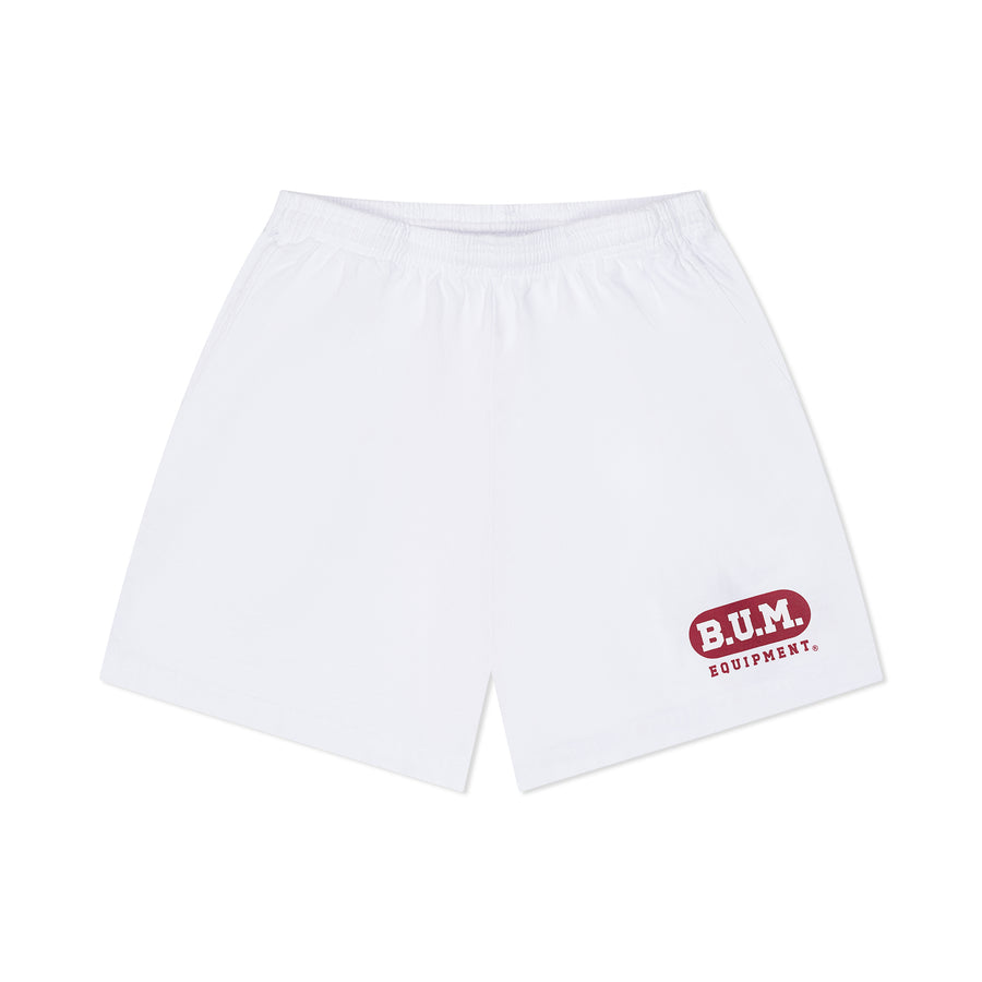 B.U.M. Equipment cotton shorts in white, with the red B.U.M. print on the leg