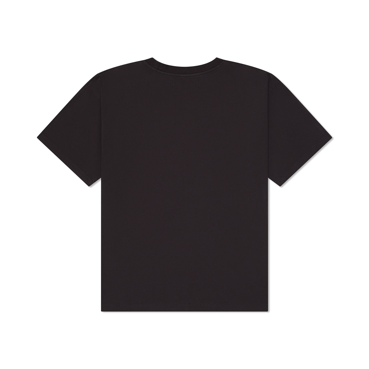 B.U.M. Equipment black T-shirt laid flat, showing the oversized drop shoulder cut