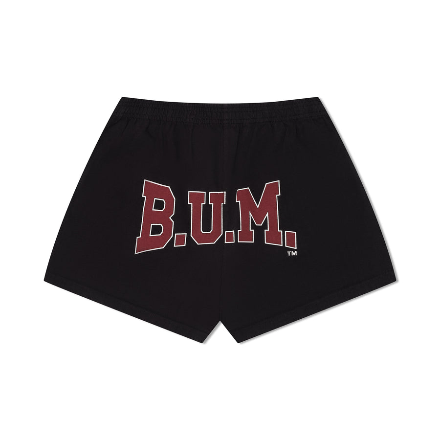 Womens B.U.M. Equipment garment dyed shorts in black, with the red B.U.M. print