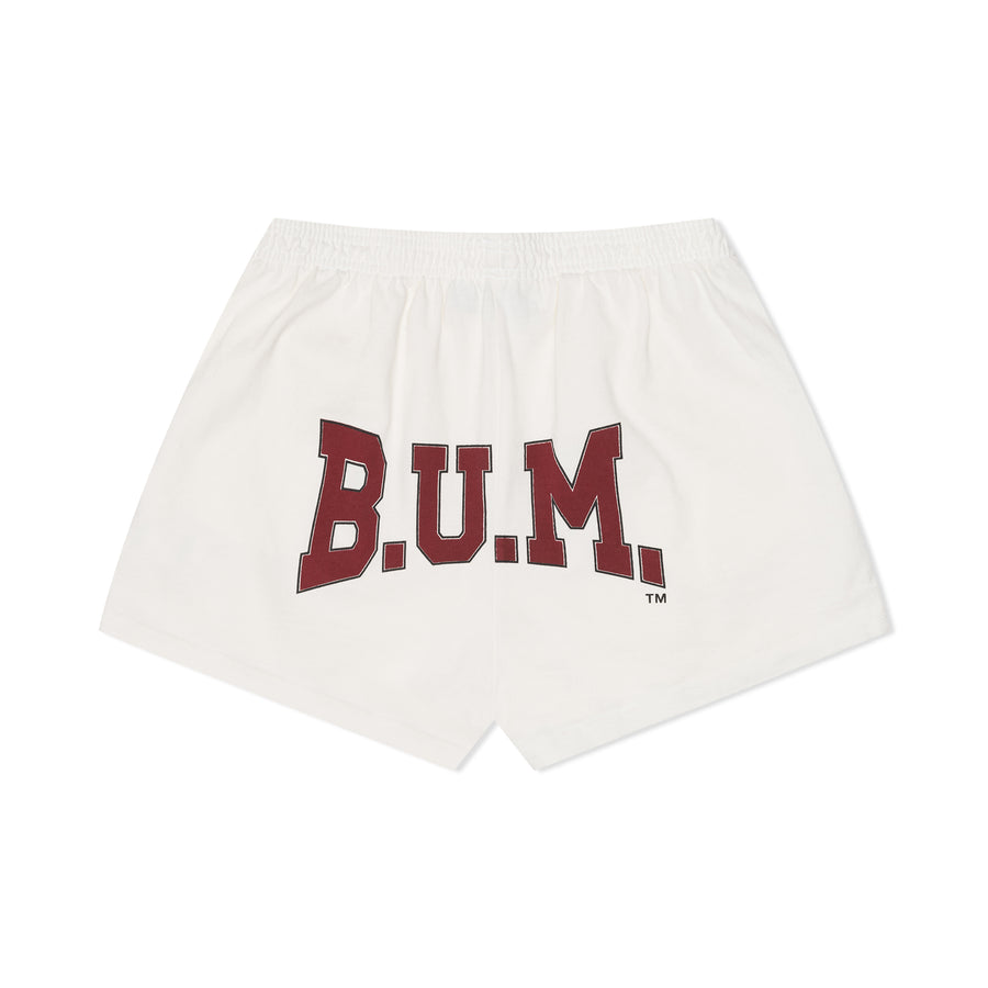 Womens B.U.M. Equipment garment dyed shorts in off-white, with the red B.U.M. print