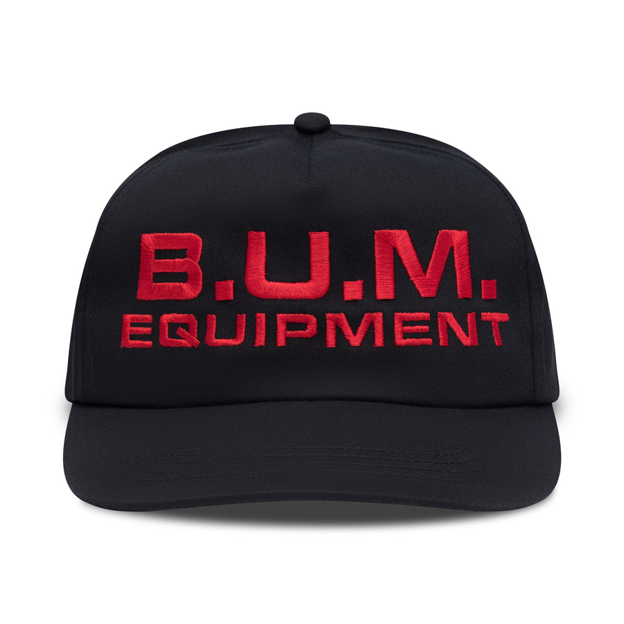 Black B.U.M. Equipment five panel snapback cap, front, with the red B.U.M. EQUIPMENT logo