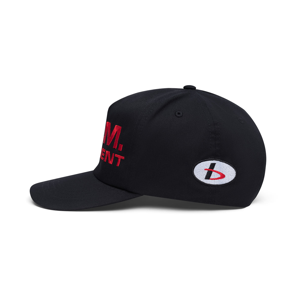 Black B.U.M. Equipment snapback cap seen from the side, showing the snap closure