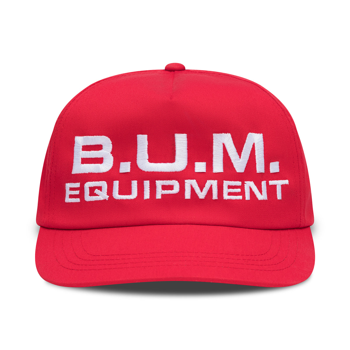 Red B.U.M. Equipment five panel snapback cap, front, with the B.U.M. EQUIPMENT logo