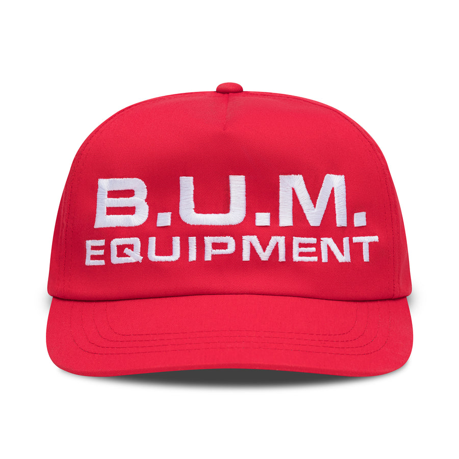 Red B.U.M. Equipment five panel snapback cap, front, with the B.U.M. EQUIPMENT logo