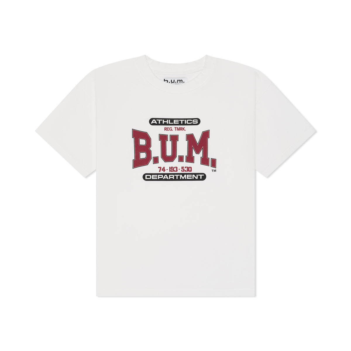 B.U.M. Equipment white T-shirt, front, with the small red B.U.M. Equipment chest print
