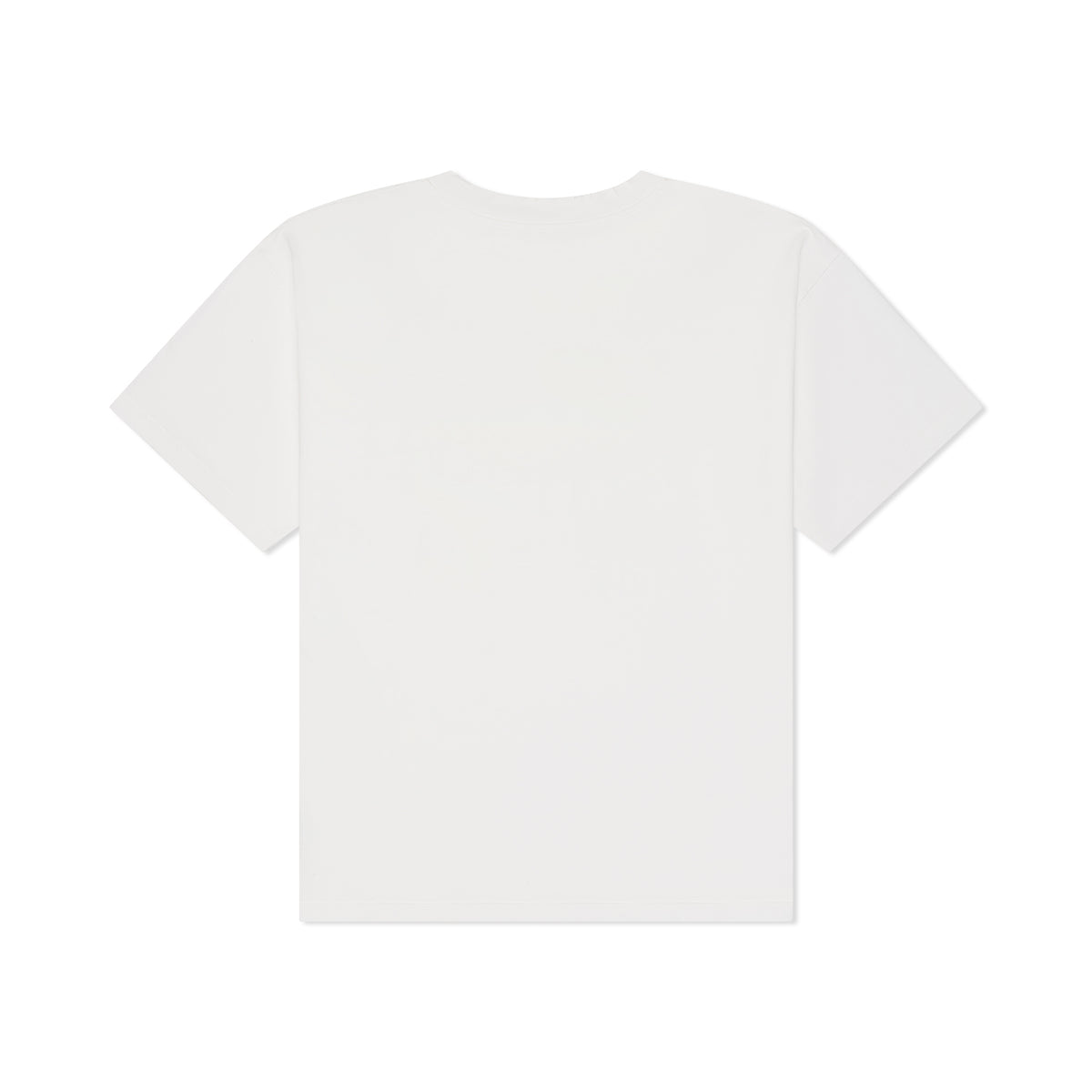 B.U.M. Equipment white T-shirt laid flat, showing the oversized drop shoulder cut