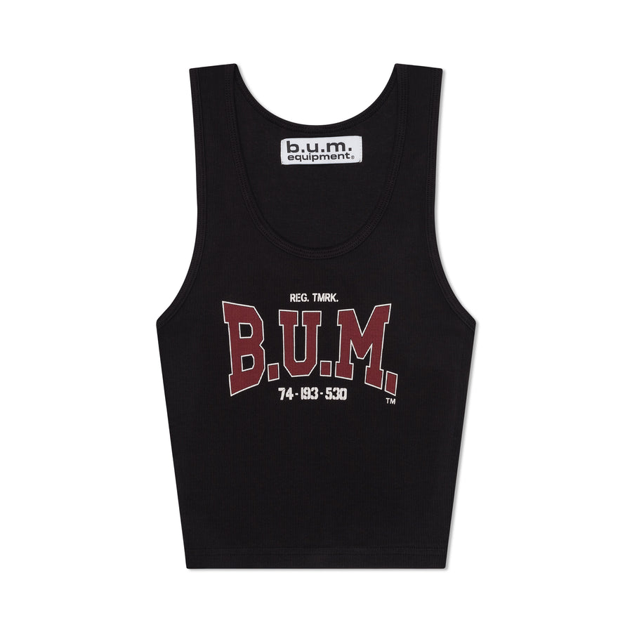 Womens B.U.M. Equipment cropped tank in black, front, with the red B.U.M. print