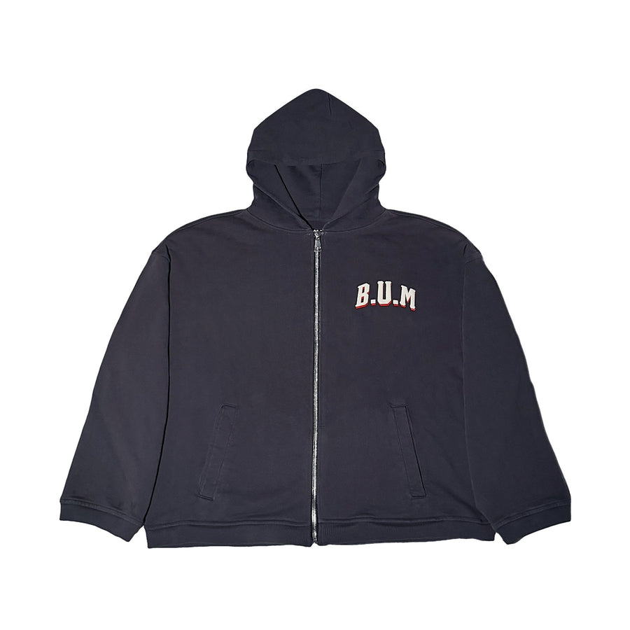 B.U.M. Zip-Up Hoodie in washed charcoal laid flat, front view with the arched B.U.M. logo on the left chest and a full-length silver zip